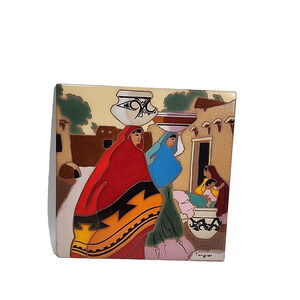 Tongier Santa Fe Art Southwest Pueblo Women Hand Painted Ceramic Tile 1991 8"